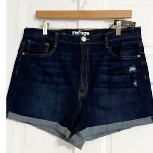Refuge high-rise, cuffed denim dark wash blue shorts BWT Sz 14